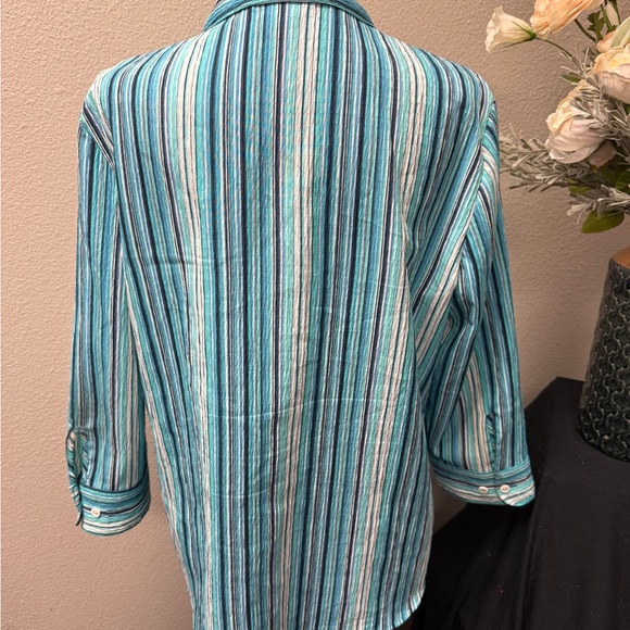 Allison Daley Teal Stripe Button Front Shirt 3/4 Sleeve Collared Blouse 12 - Picture 3 of 7